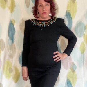 Sexy 80s Jeweled Backless Dress Stretchy Black Cocktail Long Sleeve Anita Kantor